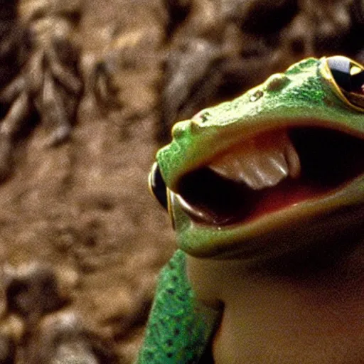 Image similar to movie film still scene, lord of the rings with frog heads