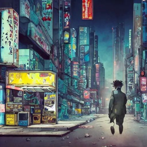 Prompt: incredible wide screenshot, ultrawide, simple watercolor, rough paper texture, ghost in the shell movie scene, back-lit distant shot of phoenix running from a puppet master in tuxedo side view, yellow parasol in deserted dusty shinjuku junk town, broken vending machines, bold graphic graffiti, old pawn shop, bright sun bleached ground, mud, fog, dust, windy, scary robot monster lurks in the background, ghost mask, teeth, animatronic, black smoke, pale beige sky, junk tv, texture, brown mud, dust, tangled overhead wires, telephone pole, dusty, dry, pencil marks, genius party,shinjuku, koji morimoto, katsuya terada, masamune shirow, tatsuyuki tanaka hd, 4k, remaster, dynamic camera angle, deep 3 point perspective, fish eye, dynamic scene