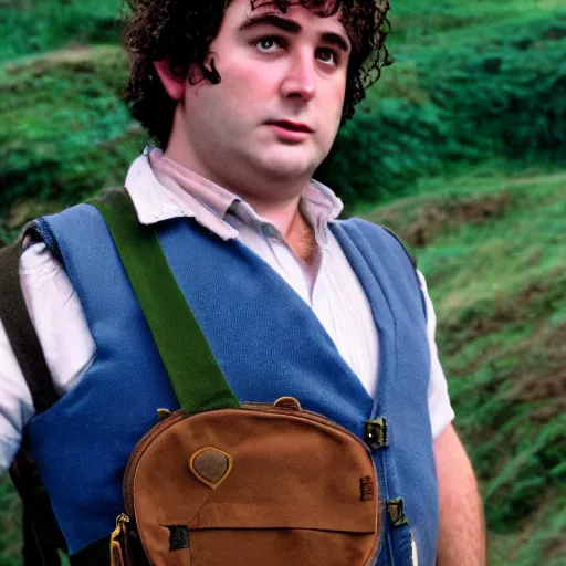 Image similar to close up headshot of a frowning clean shaven pudgy British lad with short curly dark brown hair as a hobbit wearing a white men's crossbody sling chest bag and blue vest, blue vest!! white crossbody chestbag!! high resolution film still, movie by Peter Jackson