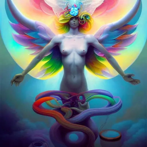 Image similar to psychedelic angelic celestial being artwork of peter mohrbacher, ayahuasca, energy body, sacred geometry, esoteric art, rainbow colors, realist, abstract and surreal art styles with anime and cartoon influences divinity