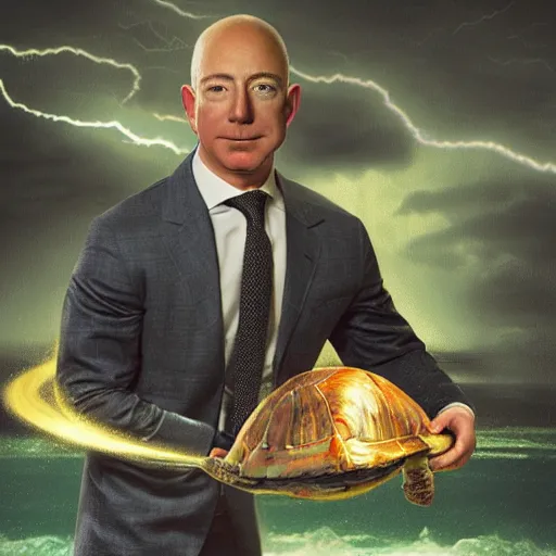 Image similar to a dramatically lit dutch angle portrait of Jeff Bezos covering himself with turtle wax in a thunderstorm.