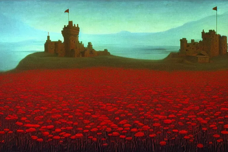 Image similar to only with red, red flowers of different types, a red tiger, a castle in the background, medieval demons dance over the flowers, an ancient path, in the style of beksinski, part by hopper, part by rodcenko, part by hofbauer, intricate composition, red by caravaggio, insanely quality, highly detailed, masterpiece, red light, artstation