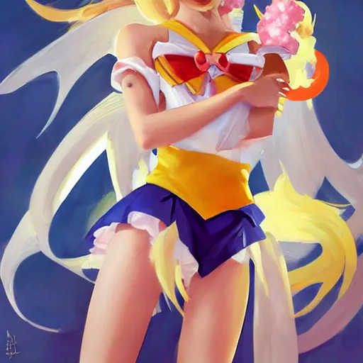 Image similar to greg manchess portrait painting of usagi sailor moon as overwatch character, medium shot, asymmetrical, profile picture, organic painting, sunny day, matte painting, bold shapes, hard edges, street art, trending on artstation, by huang guangjian and gil elvgren and sachin teng