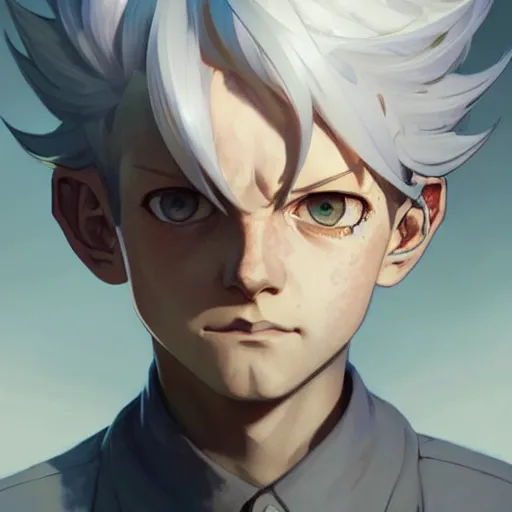 Image similar to Portrait of Norman from the promised neverland, white hair ,highly detailed, digital painting, artstation, concept art, sharp focus, illustration, art by greg rutkowski and alphonse mucha