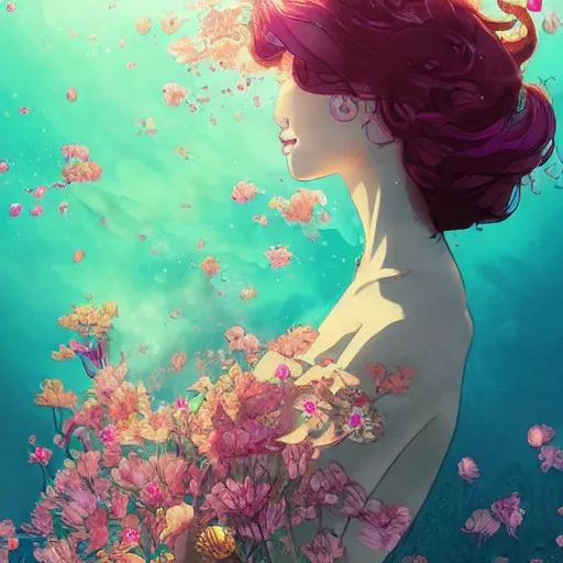 Prompt: Triss Merigold in a swirling sundress of flowers, underwater, floral explosion, radiant light, vortex of plum petals, by WLOP, Victo Ngai and artgerm, artstation, deviantart