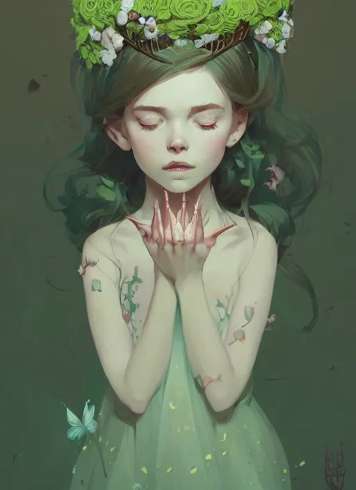 Prompt: portrait of cute fairy girl with crown of flowers covered with rune tattoos, fantasy, by atey ghailan, by greg rutkowski, by greg tocchini, by james gilleard, by joe gb fenton, by kaethe butcher, dynamic lighting, gradient light green, brown, blonde cream and white color in scheme, grunge aesthetic