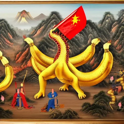 Image similar to Chinese president with bananas, dragon, fight, flaming mountain, painting