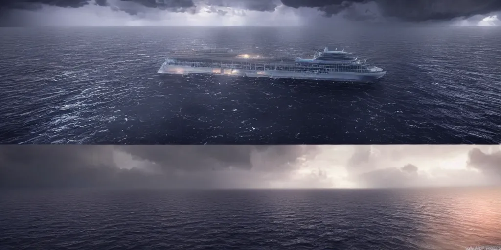 Prompt: one cruise ship sinken lying on its side in sea, dark, storm, thunderstorm unreal engine Hight detailed An epic fantastic realism dinamic lighting, Bermuda triangle