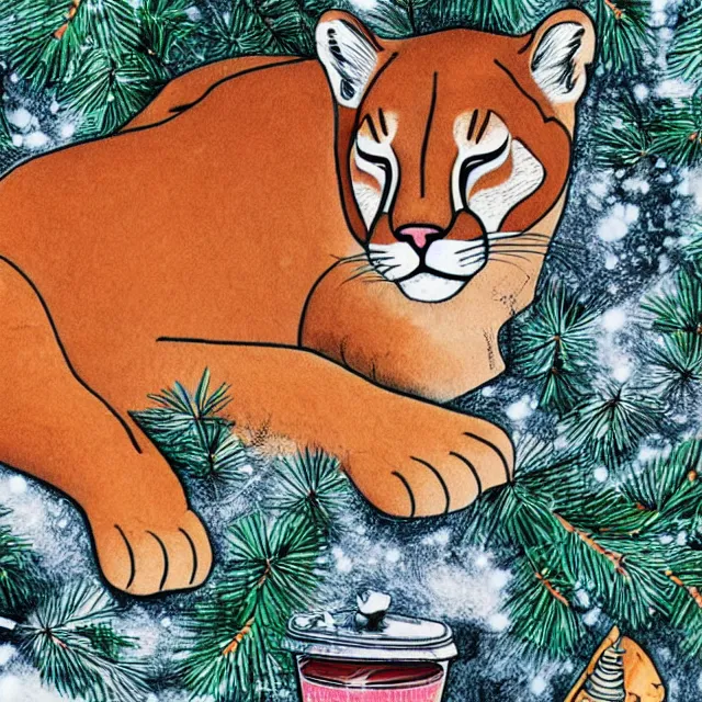 Image similar to colouring book showing 'a cougar sleeping in the middle of snowy pine tree' laying on coffee table, zoomed out shot, HD