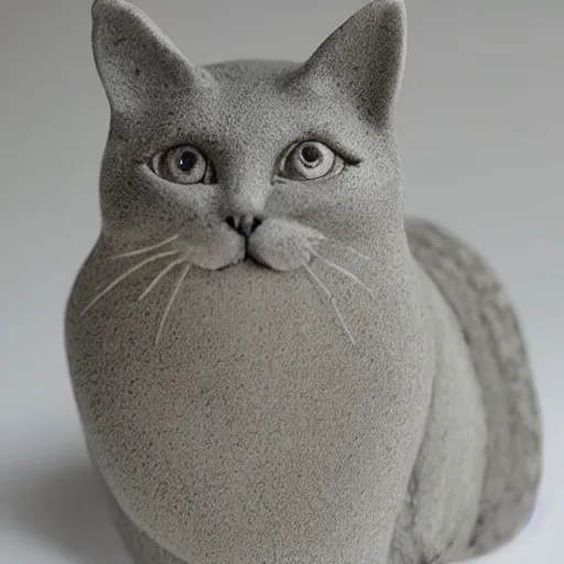 Prompt: medium - shot realistic light grey clay cat, rough, handmade, fingerprints on clay, masterpiece, by adam beane