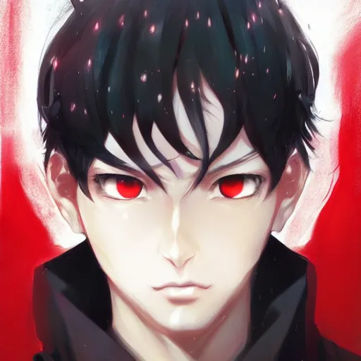 Image similar to anime portrait of a slick black hair guy with red eyes by stanley artgerm lau, wlop, rossdraws, james jean, andrei riabovitchev, marc simonetti, and sakimichan, trending on artstation