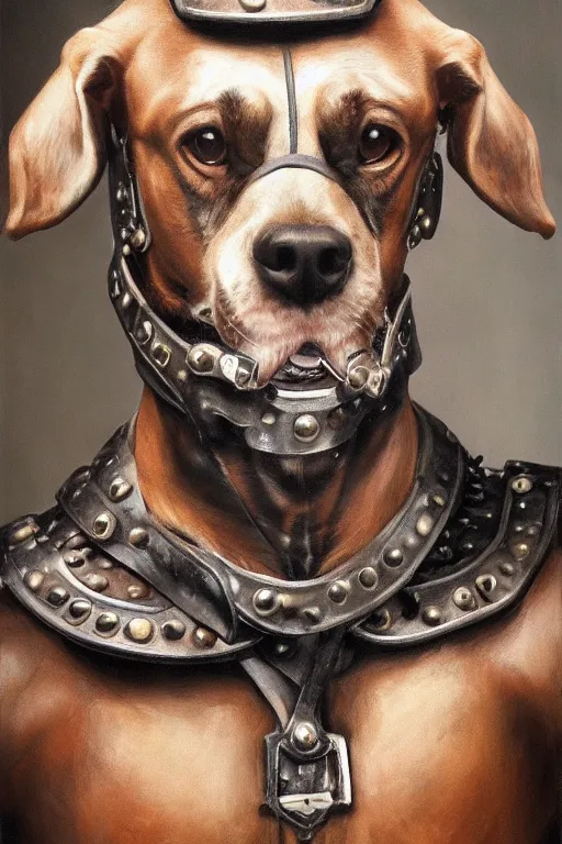 Prompt: Slavic dog head man, beautiful torso in leather armour, oil painting, hyperrealism, beautiful, high resolution, trending on artstation,