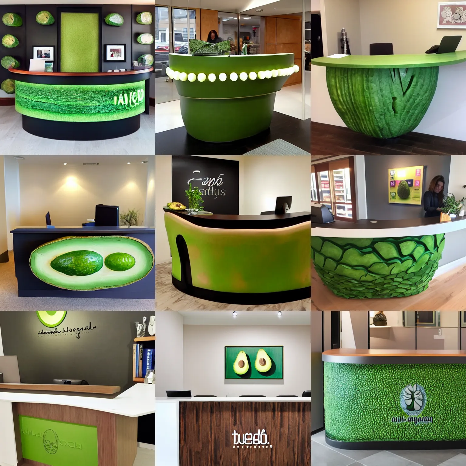Prompt: Reception Desk styled on an avocado
