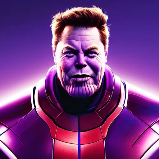 Image similar to a portrait of elon musk as thanos, the pixar adaptation, with same hairstyle, full body shot, hyper detailed, digital art, trending in artstation, cinematic lighting, studio quality, smooth render, unreal engine 5 rendered, octane rendered