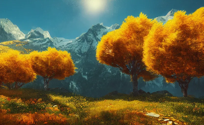 Prompt: mountain landscape in autumn!!!, flowers, trees, bright landscape, dreamy light, sunny, floating particles, complementary palette, by and jacek yerga and jesse king, pop surrealist, wiccan, unreal engine, bokeh, detailed