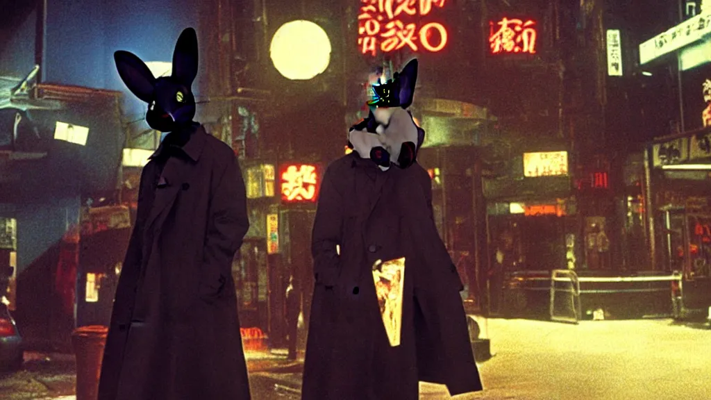 Prompt: a man in a trench coat wearing a black rabbit mask in front of a night club, film still from the an anime directed by Katsuhiro Otomo with art direction by Salvador Dalí, wide lens
