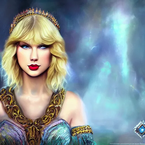 Image similar to the photo of taylor swift as a mystical queen, portrait, queen, epic fantasy art, artstation, deviantart, mystic atmosphere high definition, photo realistic, 4 k uhd,