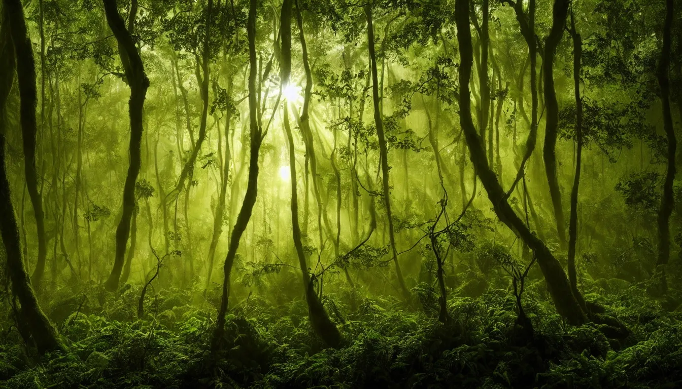 Image similar to deep jungle forest realm biodiversity , swirling clouds of magical mist through the trees , small patches of land floating between the tree trunks, dramatic dusk sun illuminates areas , volumetric light , detailed entangled roots carpet the forest floor ,rich emerald color , upscale , 8k