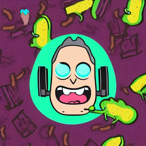 Image similar to a pickle-rick, svg sticker, vector art, wearing headphones, jamming to music