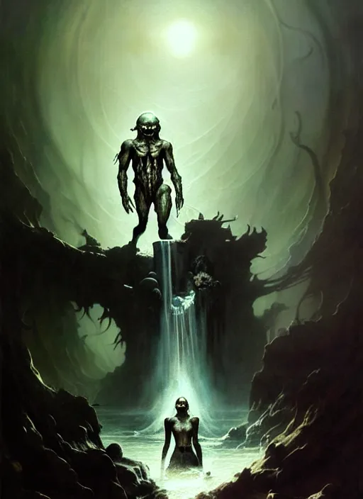 Image similar to shackled in styx river of the underworld, frank frank frazetta and cgsociety, stunning sasquatch, blood splatters, charlie bowater and tom bagshaw, insanely detailed, deviantart, space art, atoms surrounded by skulls, death, and spirits flying, water fall, horror, sci - fi, surrealist painting, by peter mohrbacher