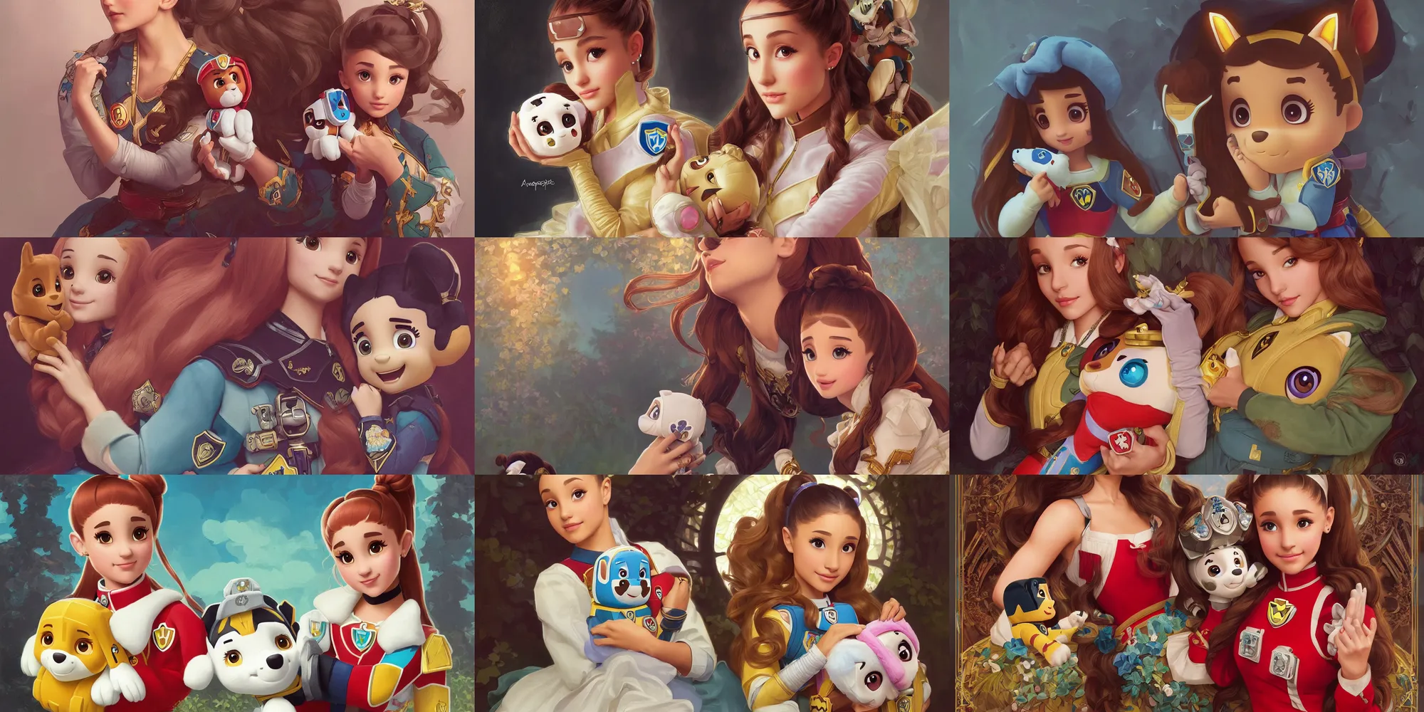 Prompt: beautiful cottagecore Ariana Grande holding a Paw Patrol Plushie, intricate, elegant, highly detailed, digital painting, artstation, concept art, smooth, sharp, focus, illustration, art by artgerm and greg rutkowski and alphonse mucha