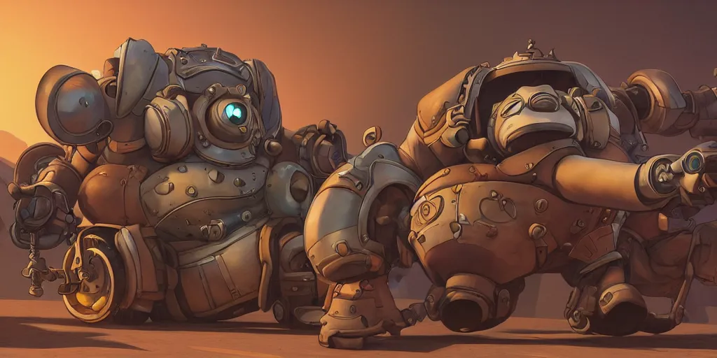 Image similar to roadhog from overwatch in style of the 1 9 9 0 disney cartoon, cinematic shot, octane render dieselpunk style, steampunk, art by jean giraud and moebius ; architecture by francois schuiten, illustration, drawing, painting, clean lines, digital art, symmetric, retrofutur, detailed, artstation
