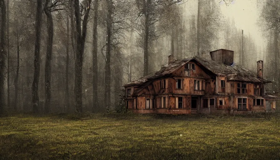 Prompt: abandoned wooden 1 9 0 0's house in german forest, rainy evening, muddy ground, hyperdetailed, artstation, cgsociety, 8 k