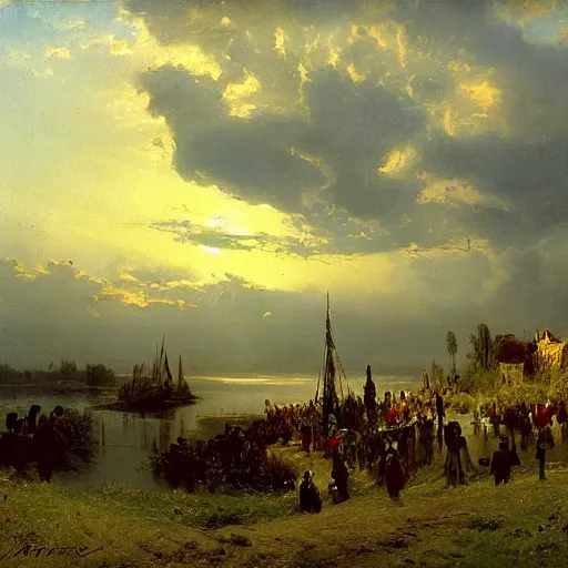 Image similar to scarecrow parade, landscape, romanticism by andreas achenbach