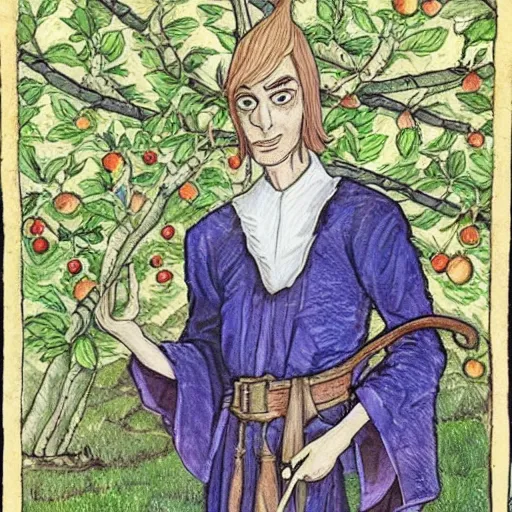 Prompt: realistic portrait of a slender elven man, standing in an apple orchard, dressed in medieval clothes, very handsome, dungeons and dragons