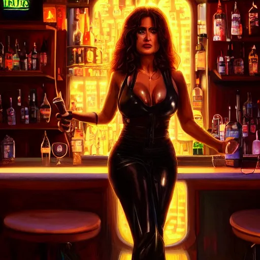 Image similar to salma hayek in a cyberpunk city bar, perfect proportions, beautiful face, perfect eyes, real life colors, elegant, sharp focus, hyper - realistic, 4 k, highly detailed, hd, dramatic lighting by brom