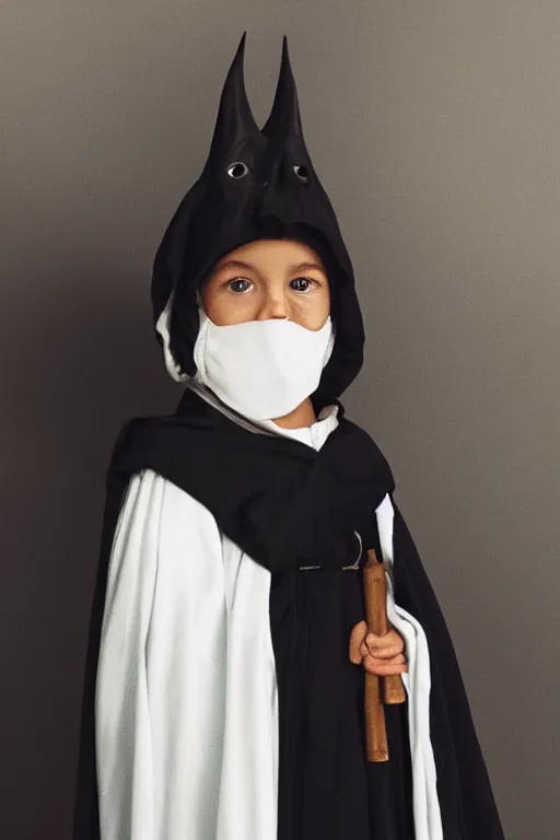 Image similar to a young adventurer wearing a white bird mask and a black cloak.