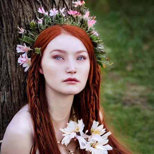 Prompt: dslr photo of a beautiful two thousand year old girl with chestnut colored hair sitting on a bench wearing a flower skirt, and body and wearing hemp sandals and a very detailed faerie necklace around neck, artgerm, artstation, very high quality face, extremely high quality, moody lighting, real camera, real photo, photography by deviantart, 8 k, full subject in shot