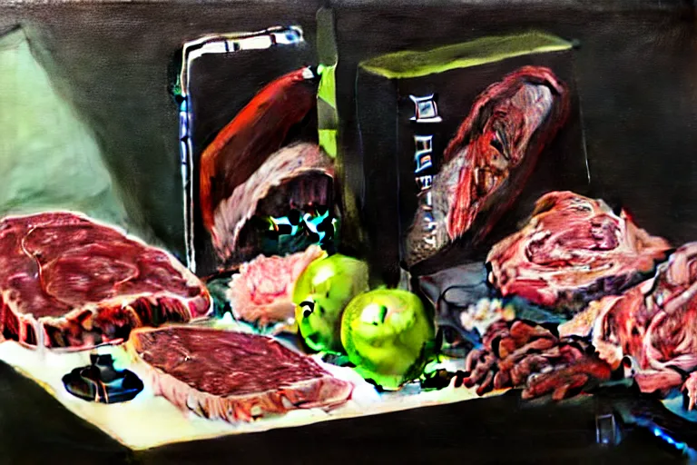 Image similar to a vanitas painting depicting an NVIDIA RTX A100 GPU, graphics card and a smartphone as well as packaged meat