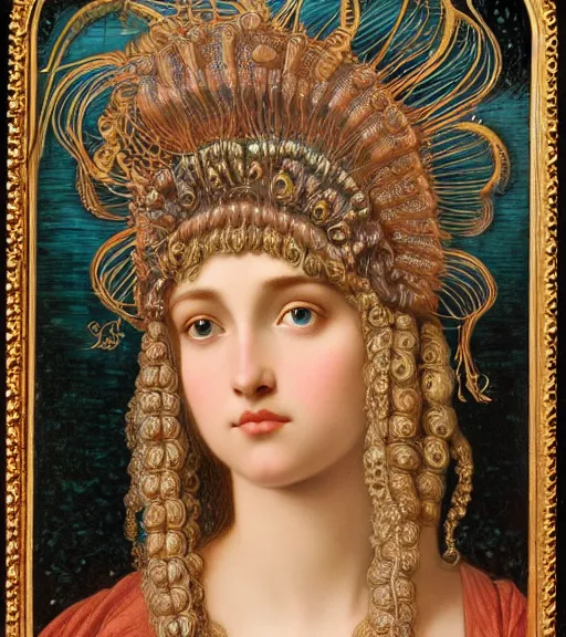 Image similar to portrait of a gorgeous sublime young goddess with intricate decorative jellyfish headdress and beautiful eyes, clear lines, detailed painting by john william godward and ernst haeckel and james jean