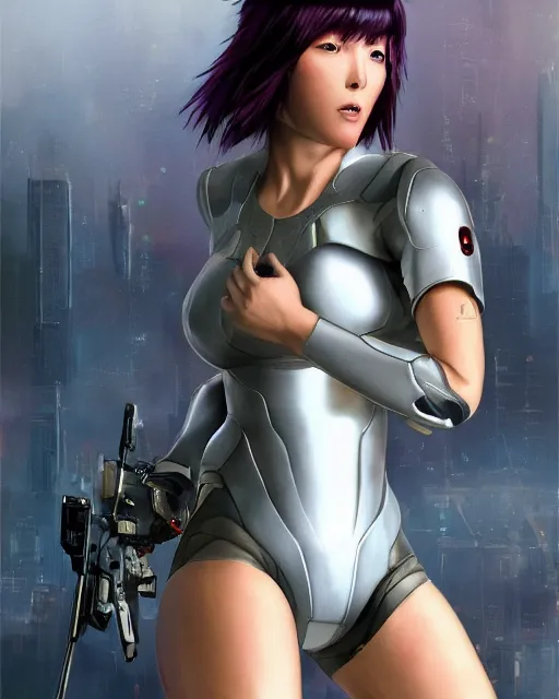 Image similar to weta disney pixar movie still portrait photo of motoko kusanagi ghost in the shell : : as cyborg woman by pixar : : by weta, wlop, ilya kuvshinov, rossdraws, artgerm, marvel, maxim cover, latex, octane render, sweaty, iridescent, bright morning, anime, liosh, mucha : :