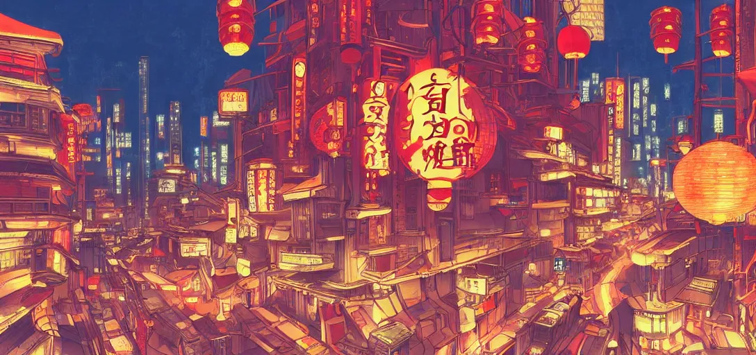 Prompt: anime illustration of neo tokyo with red chinese lamps, studio ghibli, vibrant, flat colours, ultradetailed, artstation, 4 k