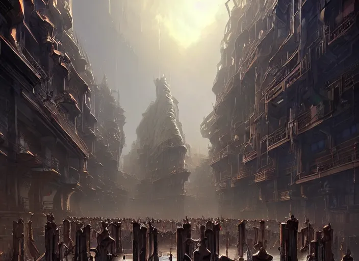 Prompt: a large group of people standing around a building, a detailed matte painting by stephan martiniere, cgsociety, fantasy art, concept art, matte painting, matte drawing