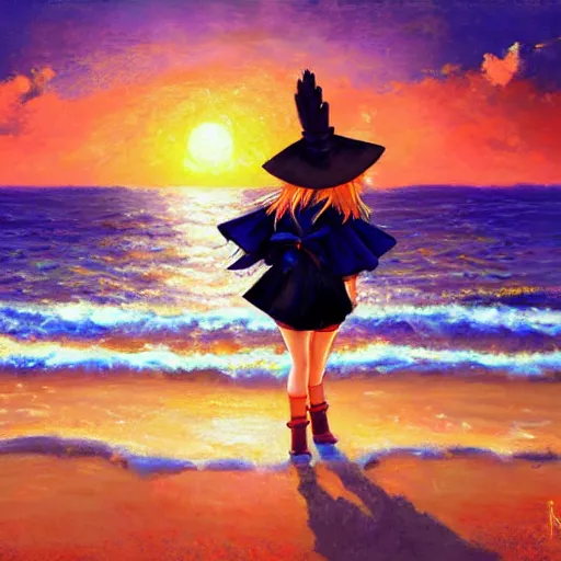 Image similar to Beautiful portrait of Kirisame Marisa from the Touhou project at the beach at sunset, touhou project official artwork, danbooru, oil painting by Antoine Blanchard, low detail, sold at an auction, oil on canvas , wide strokes, pastel colors, soft lighting, low contrast