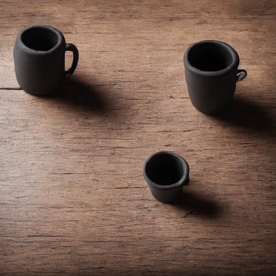 Image similar to beautiful studio photograph of a hand - thrown stoneware mug in the style of greek black on red pottery on a wooden table, hyperrealism 8 k trending on artstation