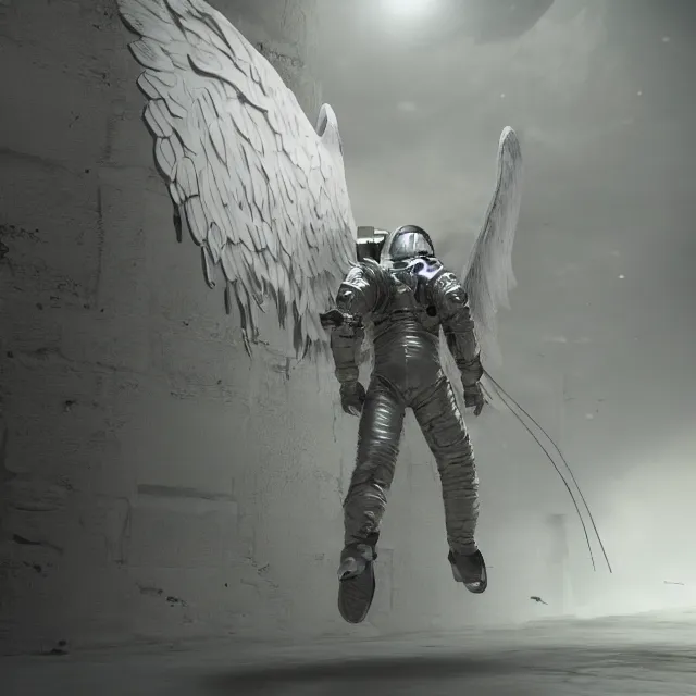 Image similar to angel astronaut boss in dark souls, dark cinematic, volumetric, realistic, cinematic lighting, ray tracing, unreal engine 5, unreal engine render, octane render, hyper realistic, photo, 8 k