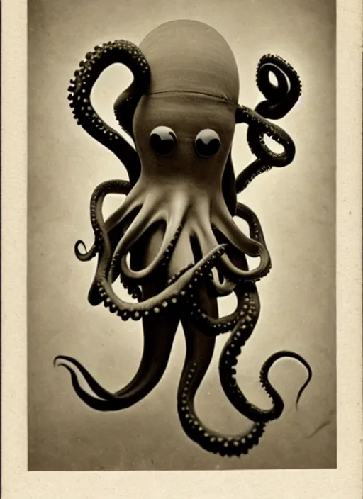 Image similar to anthropomorphic octopus , wearing a suit, tentacles spilling out of the collar, vintage photograph, sepia