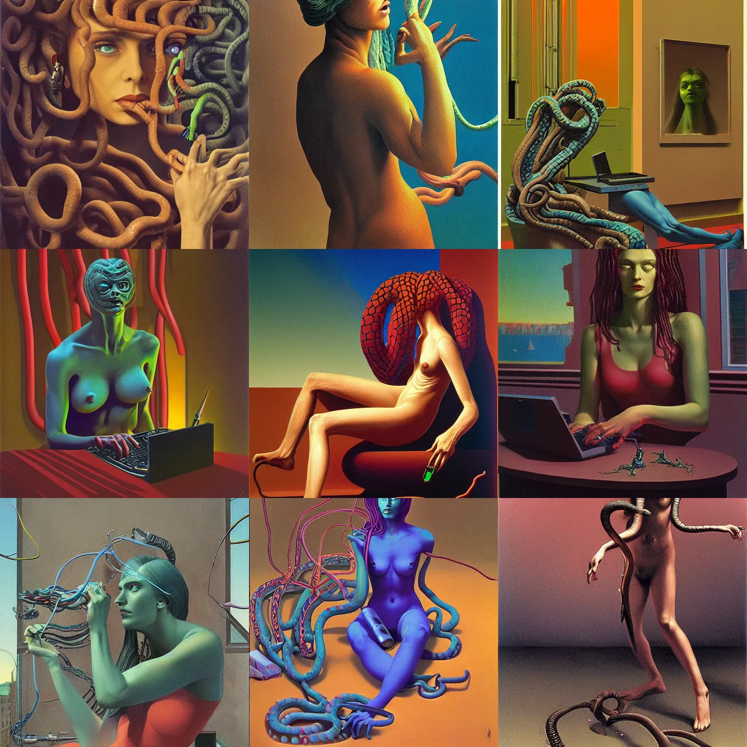 Prompt: medusa is playing with a computer, snake, cyberpunk, reality, pop art, science fiction, style by edward hopper and james gille ard zzislaw beksinski and potticelli, highly detailed