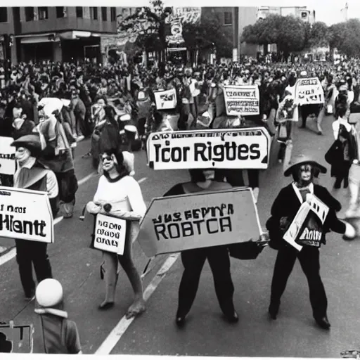 Image similar to robots rights protest, vintage press photo