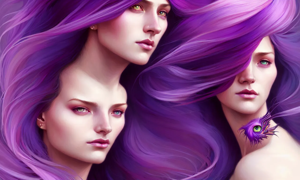 Image similar to Portrait of a woman with bright colored flying hair, all shades of purple. Hair coloring, amber eyes, face, long hair, fantasy, intricate, elegant, highly detailed, digital painting, artstation, concept art, smooth, sharp focus, illustration, art by artgerm and greg rutkowski and alphonse mucha