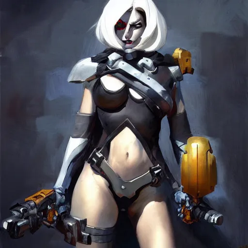 Image similar to greg manchess portrait painting of partially armored lady death as overwatch character, medium shot, asymmetrical, profile picture, organic painting, sunny day, matte painting, bold shapes, hard edges, street art, trending on artstation, by huang guangjian and gil elvgren and sachin teng