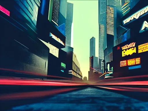 Image similar to a cinematic busy cyberpunk street in a mega city packed with flying vehicles, large mega corp buildings dominate the skyline at dusk by nick hiatt, cinematic, film still