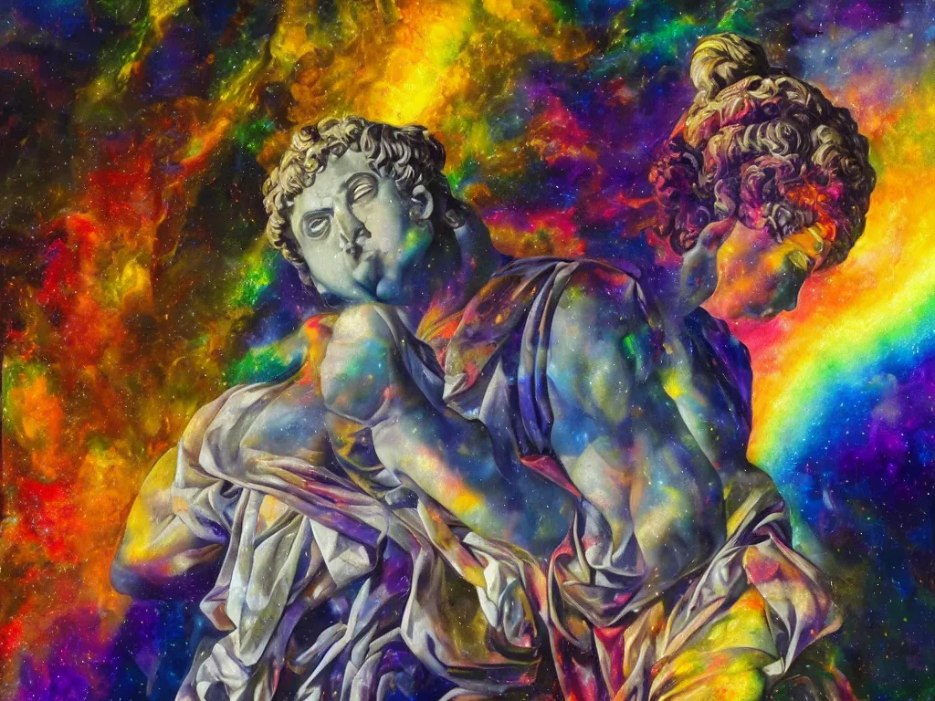 Image similar to hyperrealistic still life painting of a 3d greek statue of a roman emperor in deep space, wrapped in fabric and gently smiling, surrounded by refracting rainbow prisms in a tesseract, botanical print, surrealism, vivid colors, serene, golden ratio, sacred geometry, abstract impasto brushtrokes, by Caravaggio