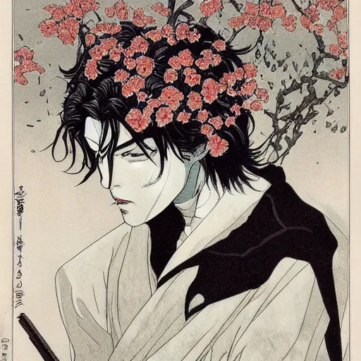 Image similar to symmetrical alain delon as a vampire, style of takato yamamoto lots of flowers