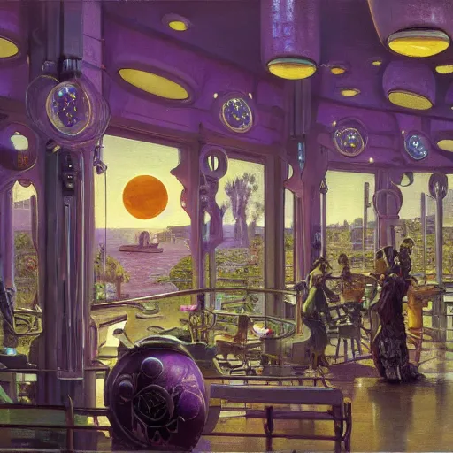 Prompt: painting of syd mead artlilery scifi organic shaped convenience store with ornate metal work lands on body of water, fossil ornaments, volumetric lights, purple sun, andreas achenbach