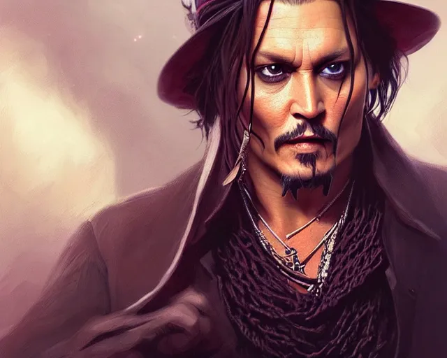 Image similar to photography of johnny depp, deep focus, d & d, fantasy, intricate, elegant, highly detailed, digital painting, artstation, concept art, matte, sharp focus, illustration, hearthstone, art by artgerm and greg rutkowski and alphonse mucha